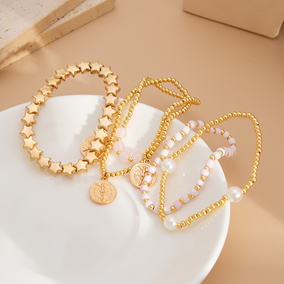 Bohemian five-pointed star beaded elastic bracelet metal tag faux pearl bracelet