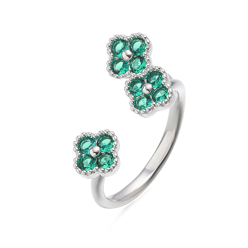 Copper Inlaid Colorful Diamond Lucky Four-Leaf Clover Ring, Exquisite Super Shiny Flower Petals Open Adjustable Ring