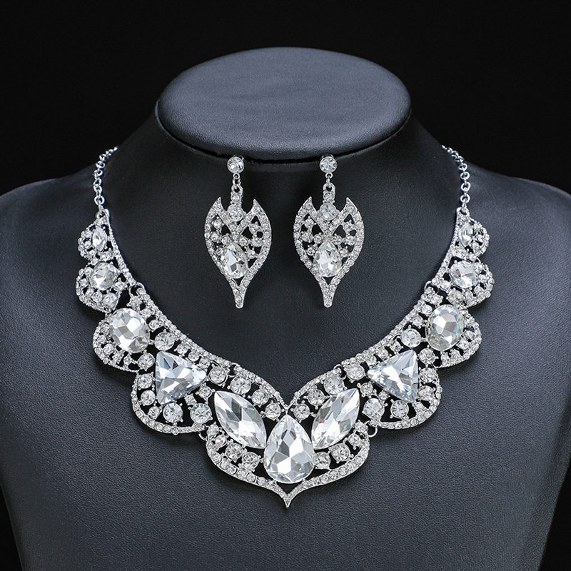 Exaggerated Bride Accessories Necklace Earring Set Wedding Dress Banquet Artificial Gemstone