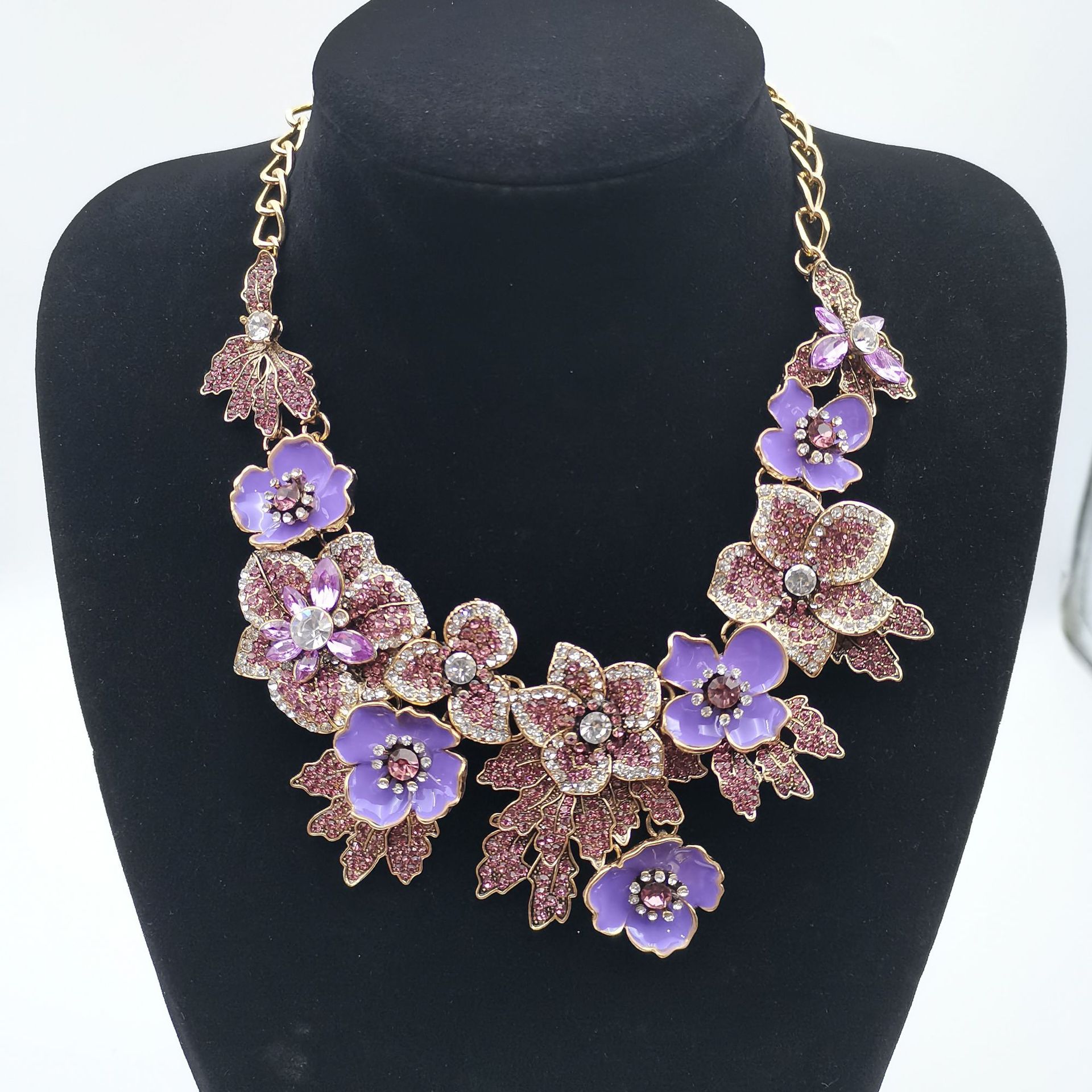 Full rhinestone exaggerated flower necklace colorful gorgeous bride necklace painting collarbone chain