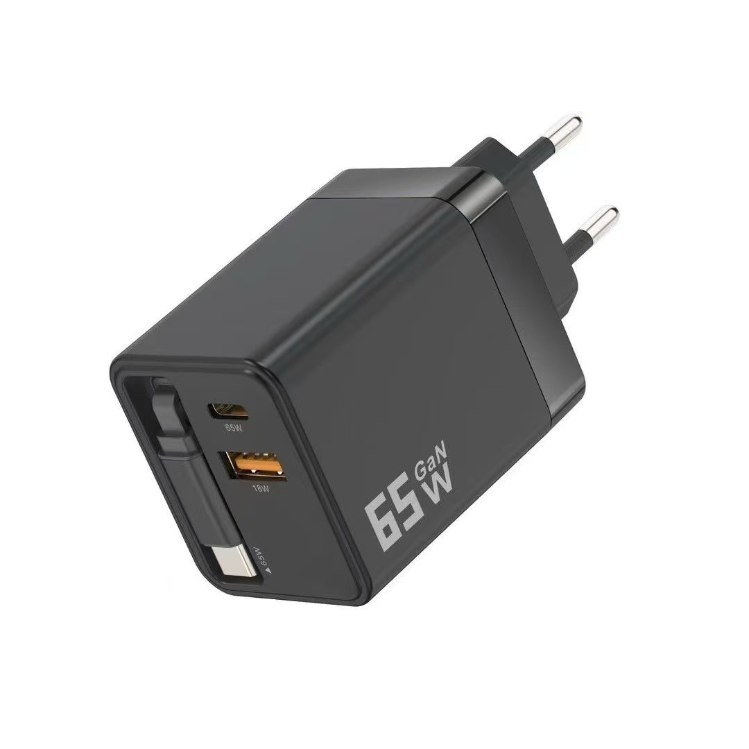 EU standard PD65W GaN full protocol A+C fast charging head retractable cable triple port charger set