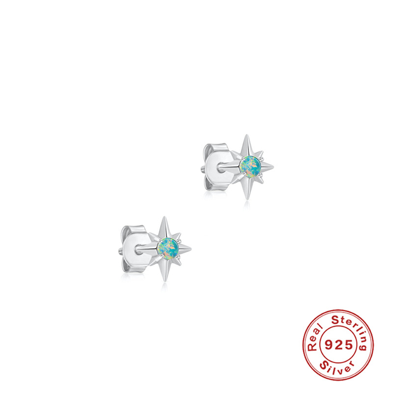 S925 sterling silver octagonal diamond-set opal ear stud earring opal niche minimalist earring niche earring