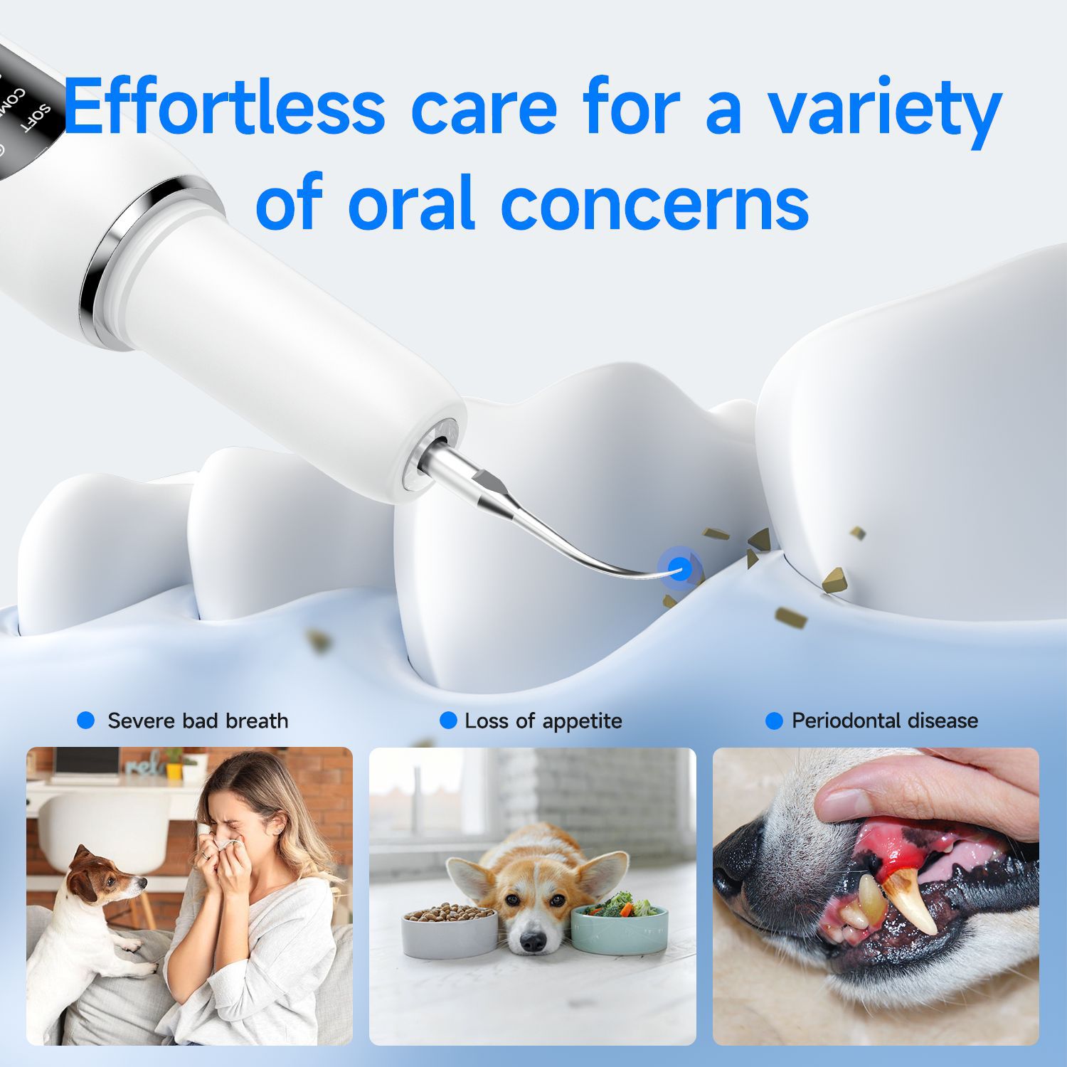 New pet ultrasonic tooth cleaner, removes tartar, dog water flosser, stone remover, Yue'er Wanwan