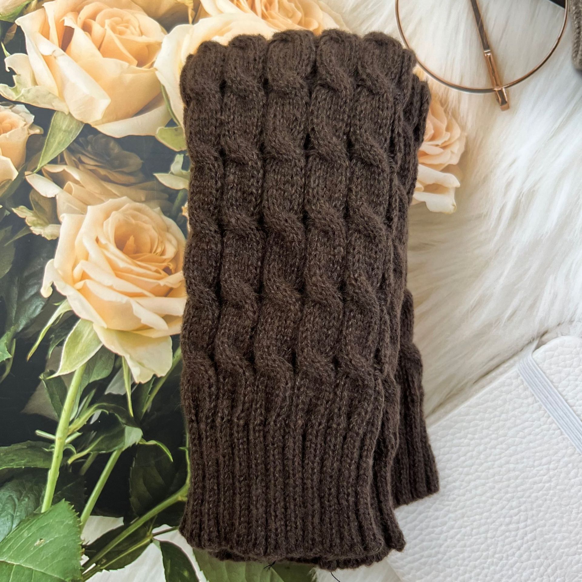 Cable Knit Sock Cuff Women Autumn Winter Solid Color Knit Leg Warmers Coffee Color Yarn Stacked Socks Y2K Leg Warmers