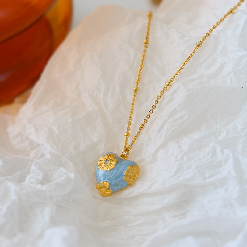 Exquisite blue enamel flower heart necklace women commuter clavicle chain