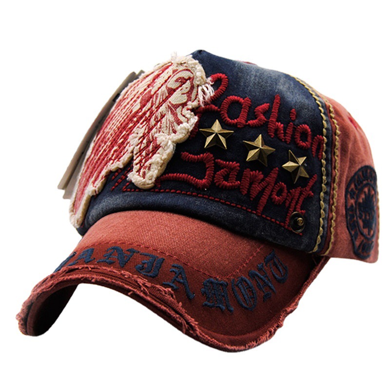 Hat with letter patch and rivet casual baseball cap, worn-out outdoor cap for men and women, cotton