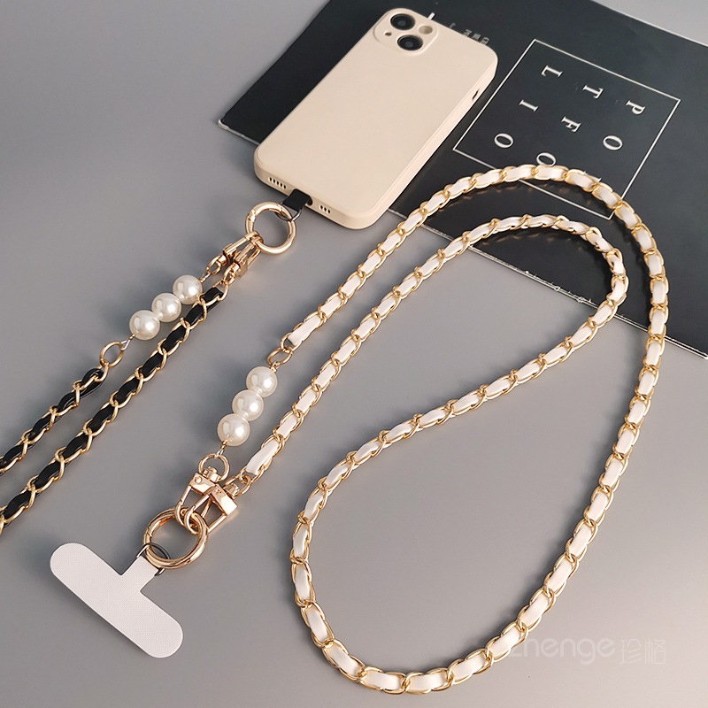Diagonal crossbody pearl leather card chain phone lanyard women small fragrance long back strap metal chain Nordic style new