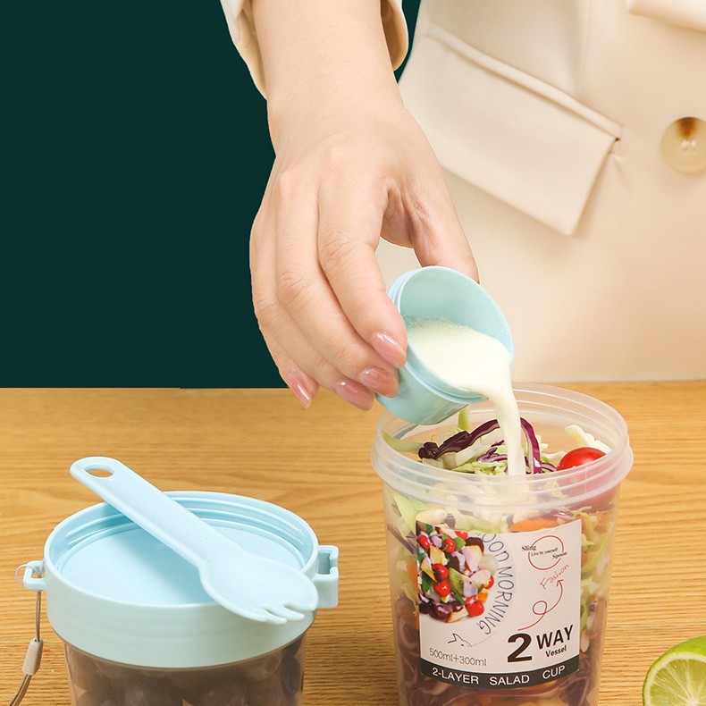 Salad Cup Mason Jar Portable Direct Drink Portable Fruit Vegetable Light Meal with Fork Lid Yogurt Cup PP Sealed Leak-Proof