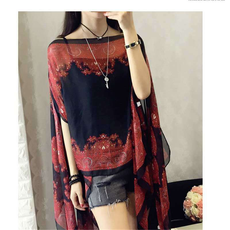 Sanya Beach Cape Shawl Sun Protection Clothing Women Summer Thin Off-Shoulder Chiffon Shirt Print Outerwear Shawl