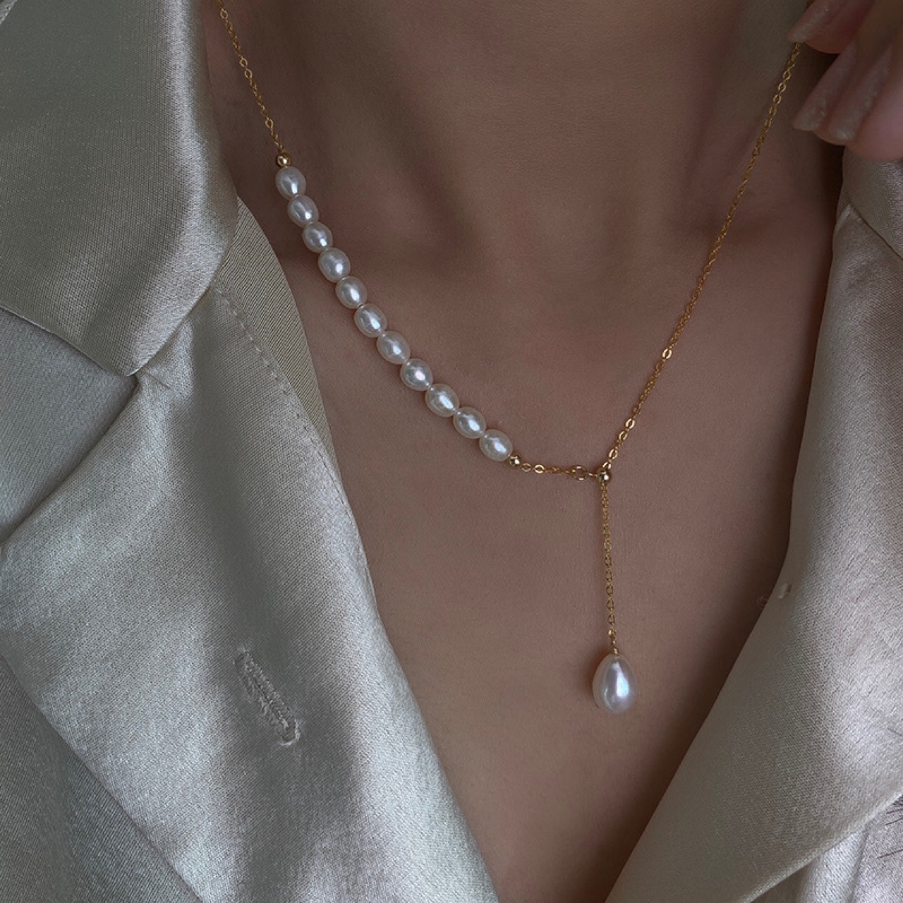 Natural bright freshwater pearl 14K gold-filled necklace adjustable锁骨链 niche gift for women