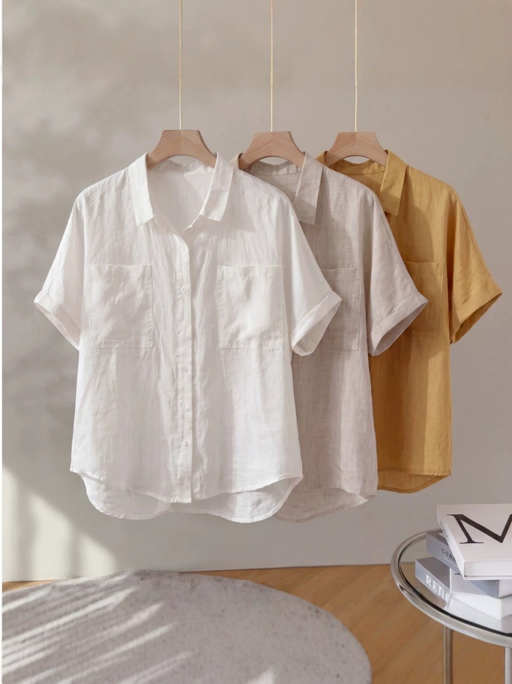 Linen short-sleeve shirt women summer simple loose turn-up thin casual white top