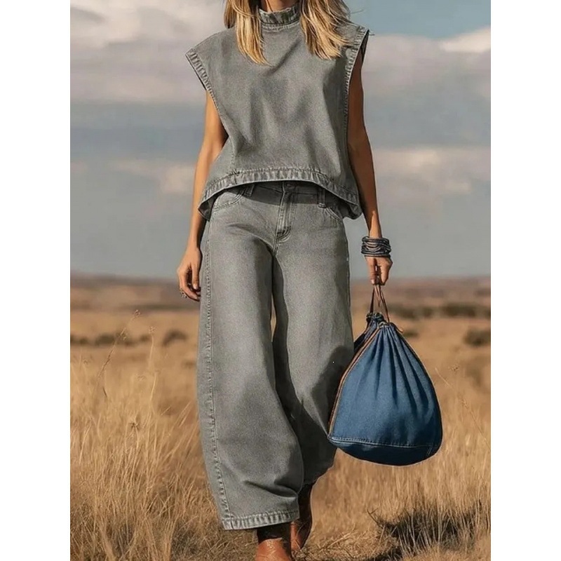 2026 New Style Denim Sleeveless Vest Wide Leg Pants Suit Women Summer Casual Two Piece Set