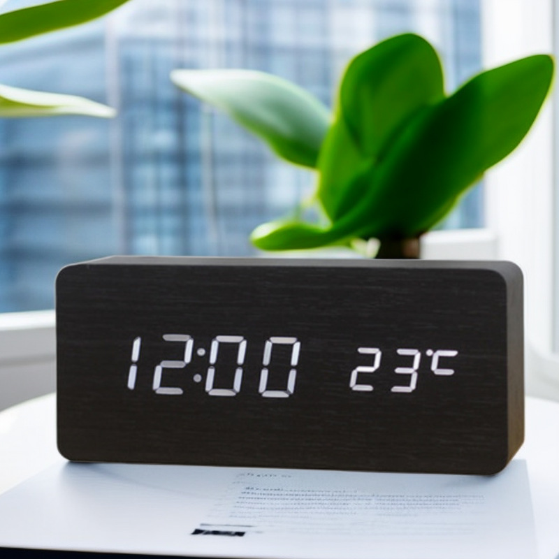 Voice-activated LED wooden clock, simple multi-functional rectangular temperature digital display electronic alarm clock, rectangular
