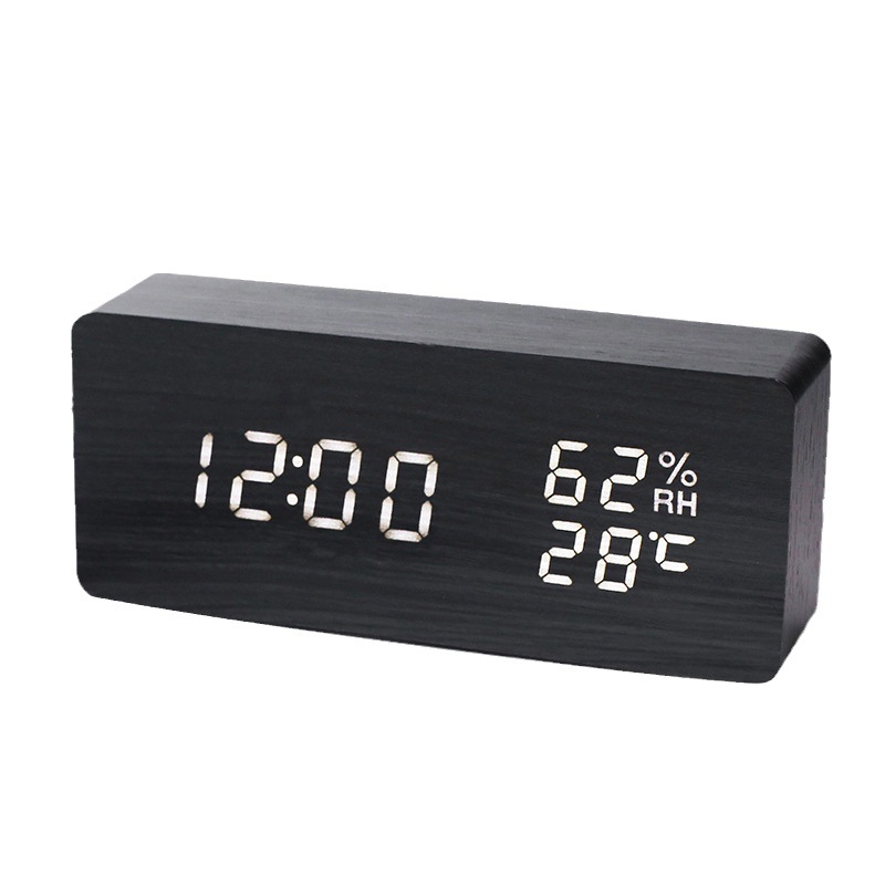 LED Wooden Clock Temperature and Humidity Clock Smart Voice Control Digital Wooden Clock PVC Wooden Clock Electronic Alarm Clock Thermometer