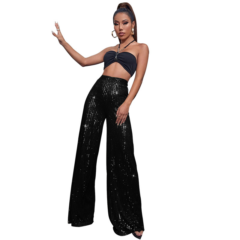 Women's 2026 New Solid Color Wide-Leg Pants Independent Station Draping Sequin Casual Pants Women
