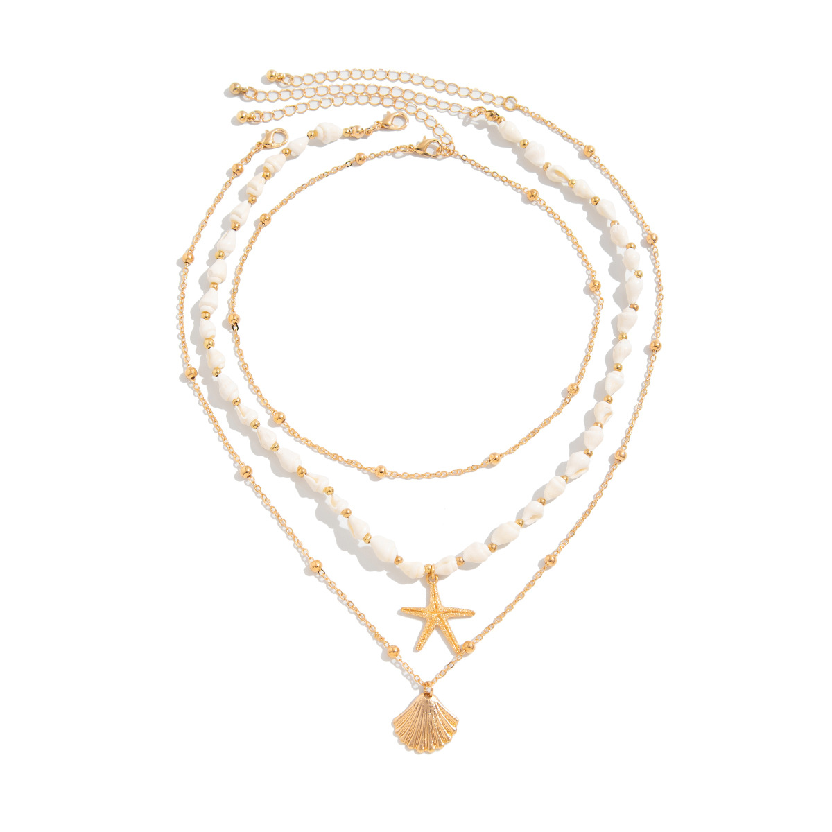 Ocean Vacation Style Starfish Scallop Shell Pendant Necklace Multi-layer Stacking Metal Chain Necklace