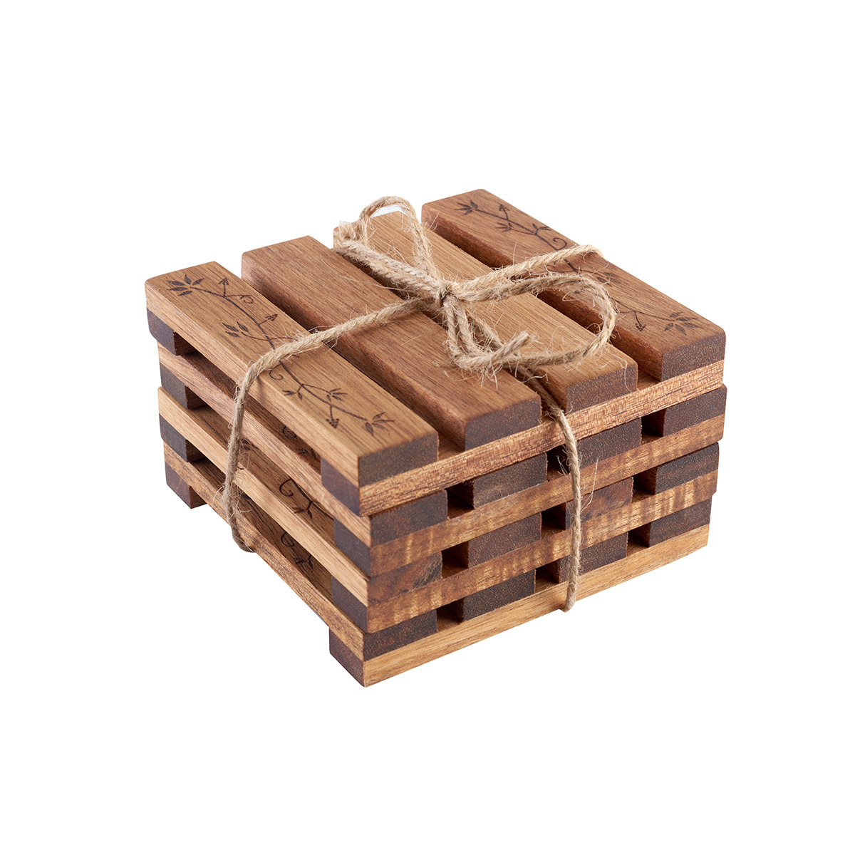 Wooden coaster four-piece set commercial acacia wood black walnut splicing laser carving round irregular heat insulation coaster