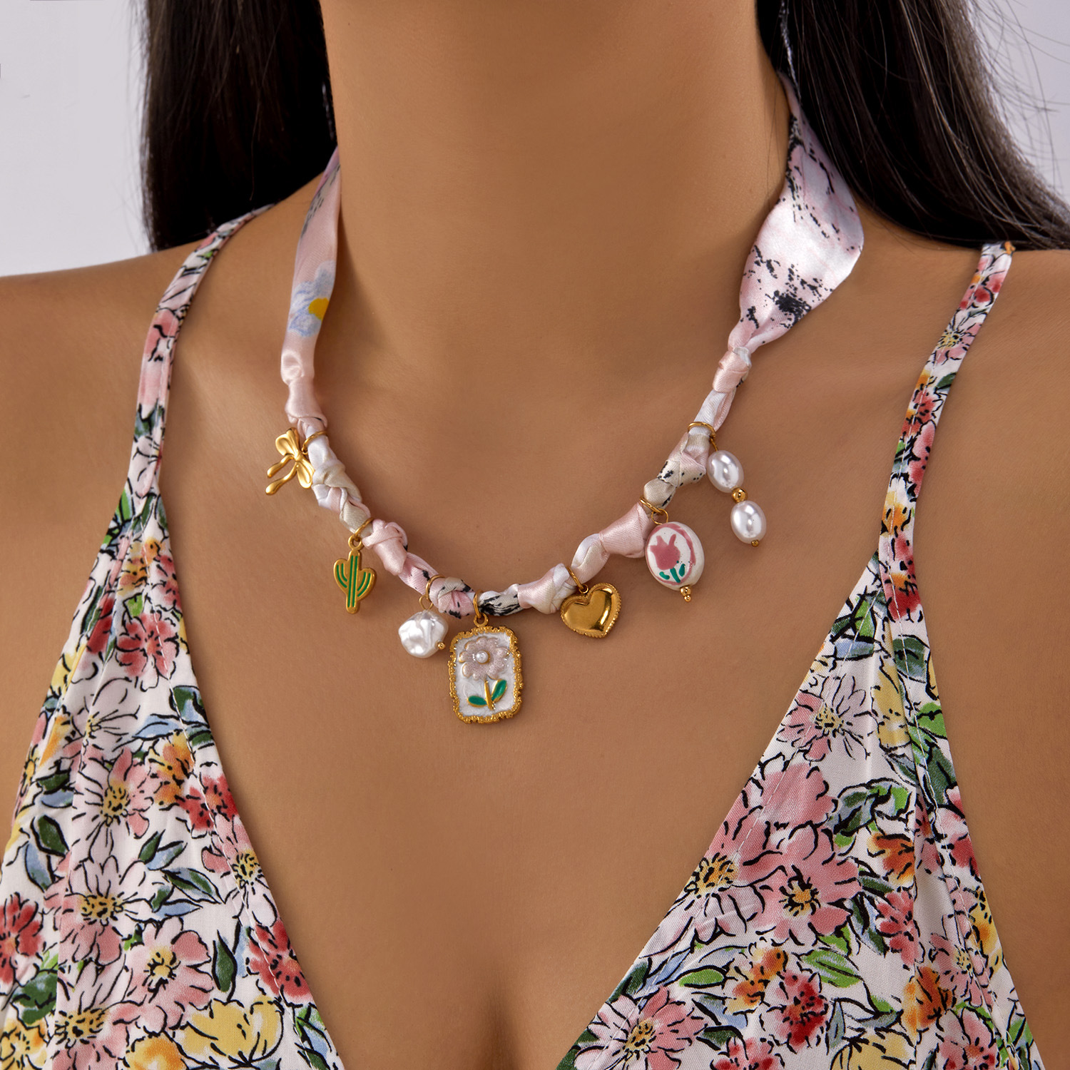 Flower Stainless Steel Pendant Ribbon Necklace Women Ocean Style Niche Stainless Steel Chain