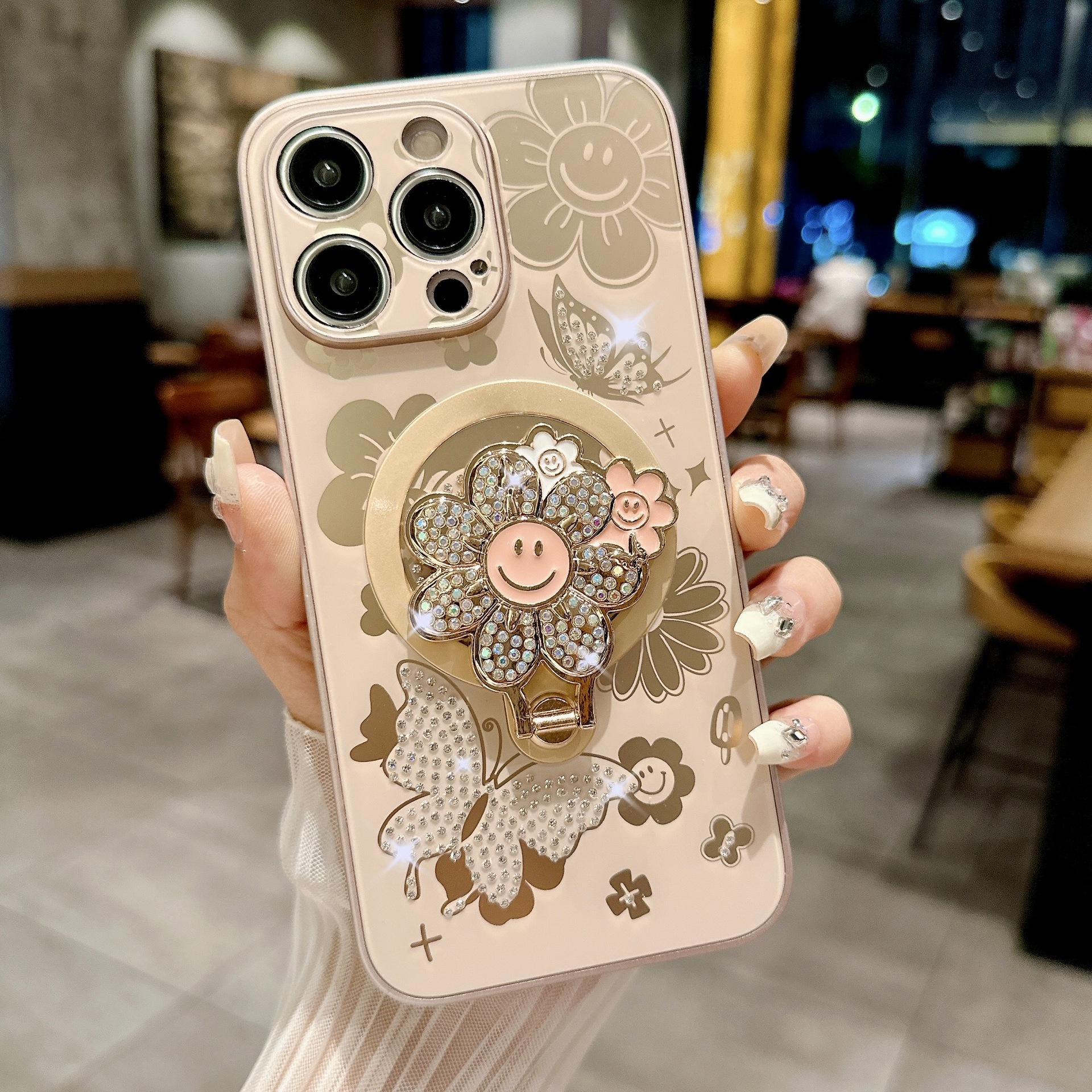 Compatible with iPhone 17 Pro Max phone case Apple 15 14 13 protective case rhinestone butterfly like flower magnetic bracket