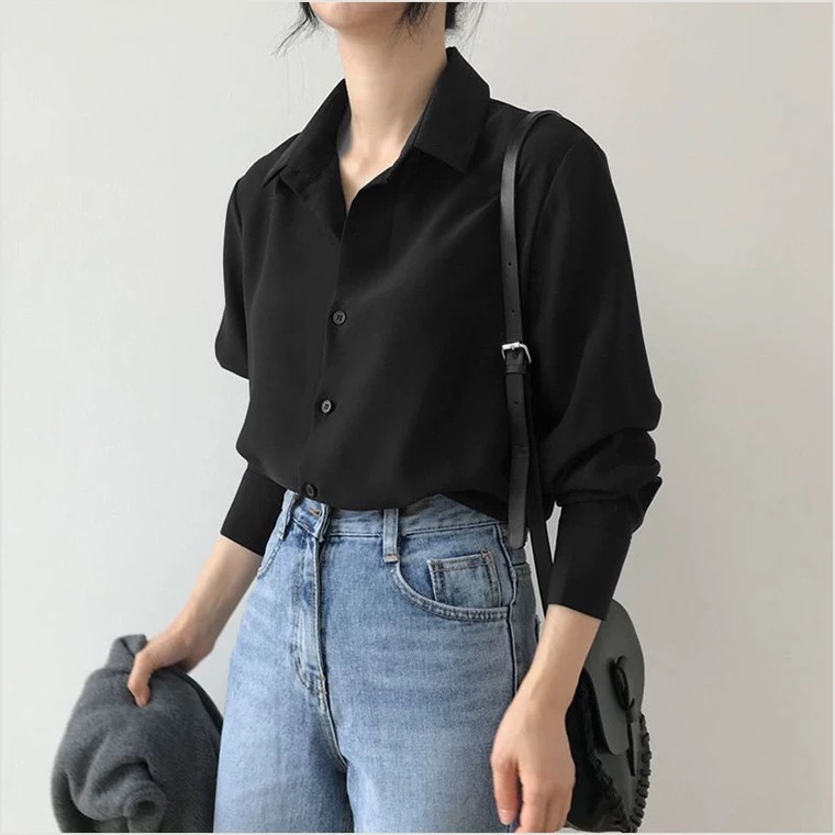 Black Chiffon Shirt Women Loose Polo Neck Long-Sleeve Top Professional OL Solid Color Hong Kong Style Base Blouse Women