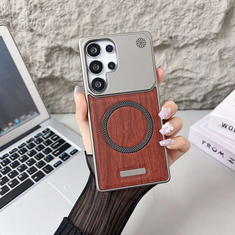 Suitable for Samsung S25Ultra Mobile Phone Case, Magnetic Wood Grain Two-In-One Half-Pack Anti-Fall S23U Protective Case S24U