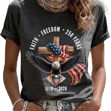 2026 Independent Station Spring Summer New Eagle USA Flag Cross Print Round Neck Short Sleeve