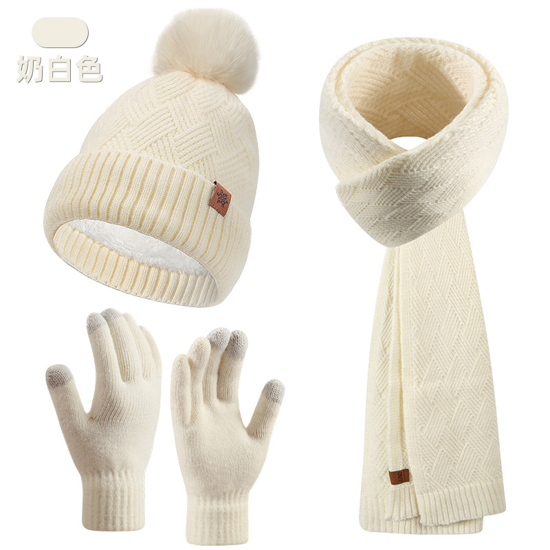 Knitted Hat Women Winter Double-Layer Fleece-Lined Thick Warm Wool Hat Scarf Gloves Three-Piece Set