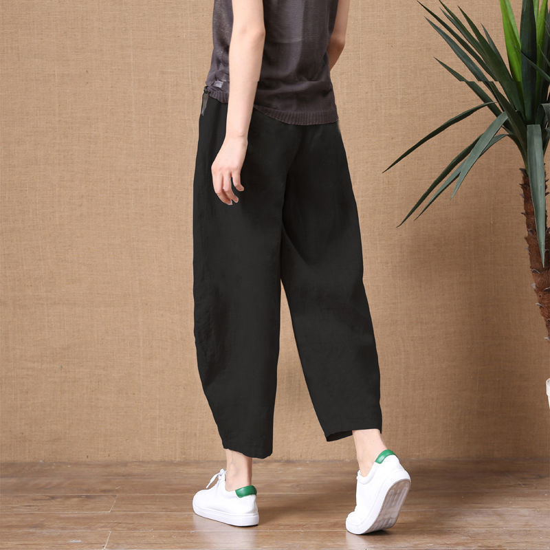 Summer Loose Breathable Seven-tenths Pants Cotton-linen Solid Elastic Waist Women's Wide-leg Pants Simple Casual Pants
