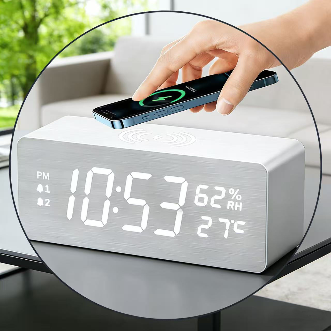 Multifunctional 10W Wireless Charging Wooden Alarm Clock Phone Wireless Fast Charging Temperature Clock LED Display Alarm Clock