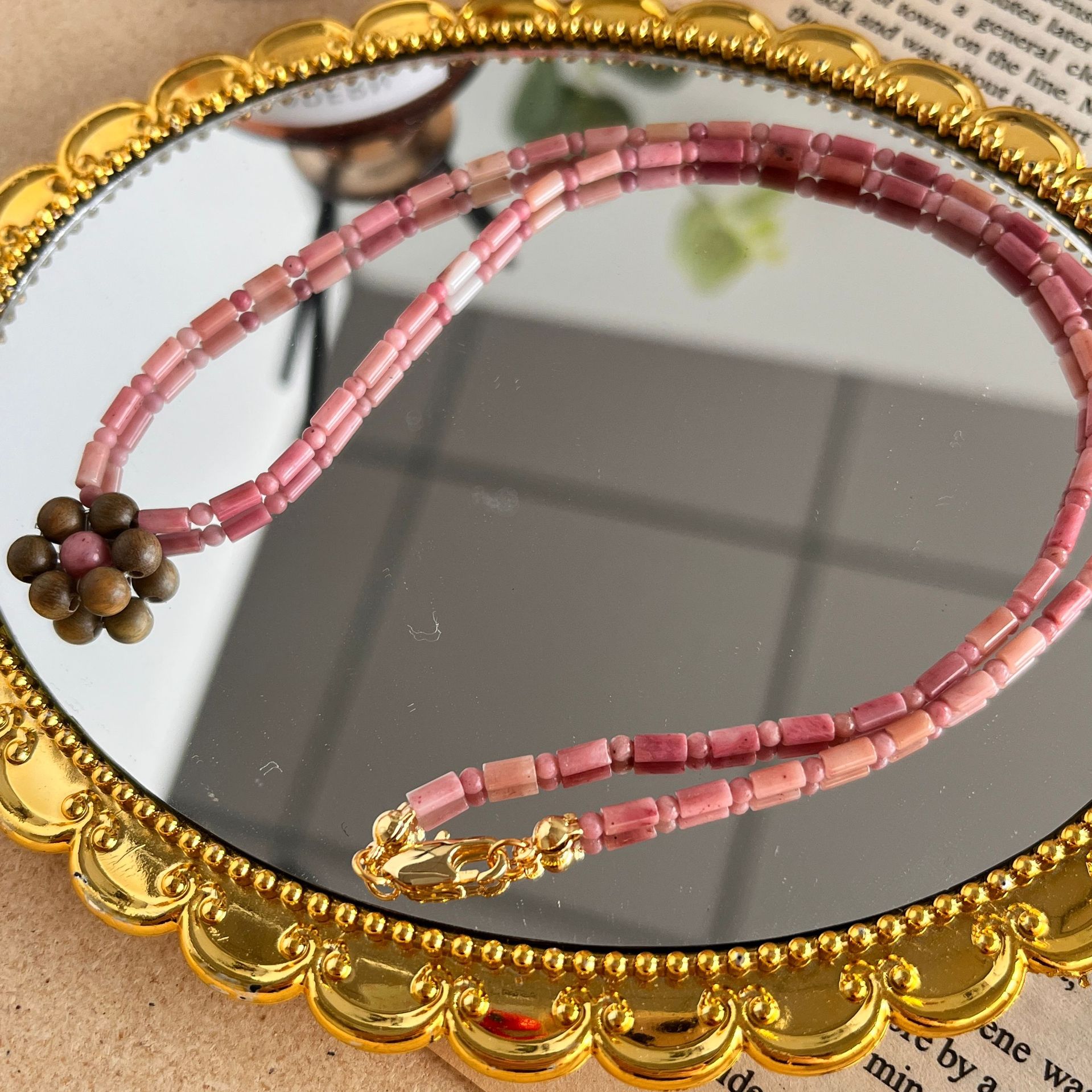 Spring Summer New Natural Agarwood Rhodochrosite Cherry Blossom Small Flower Pendant Choker Chain Sweater Chain