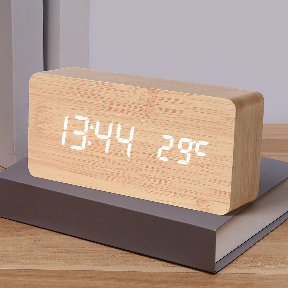 LED Wooden Clock Electronic Clock Wooden Digital Clock Voice Control Thermometer Electronic Alarm Clock