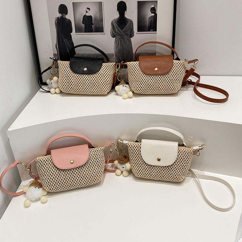 Summer Woven Bag with Lid, Patchwork Mini Straw Bag, Beach Vacation Pom-Pom Shoulder Bag