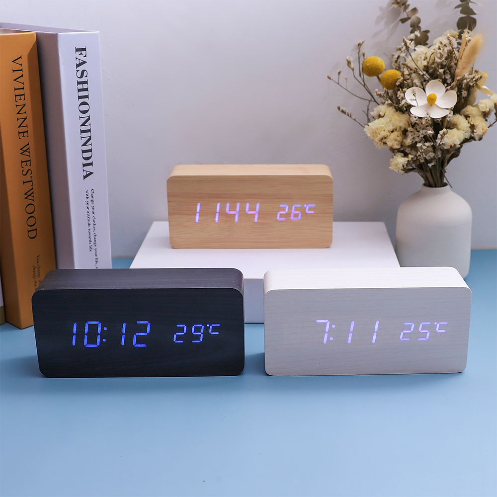 Multifunctional voice-controlled wooden clock, simple home wooden clock, multifunctional student gift electronic clock