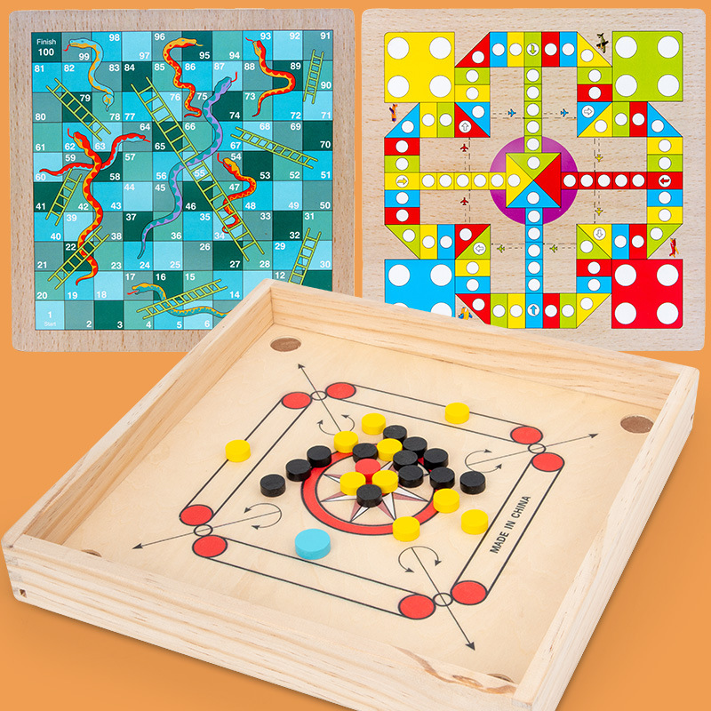 Children's Wooden Multi-functional Board Game: Flying Chess, Snake Chess, Checkers, and Carrom in One, Tabletop Puzzle Game for Students and Adults