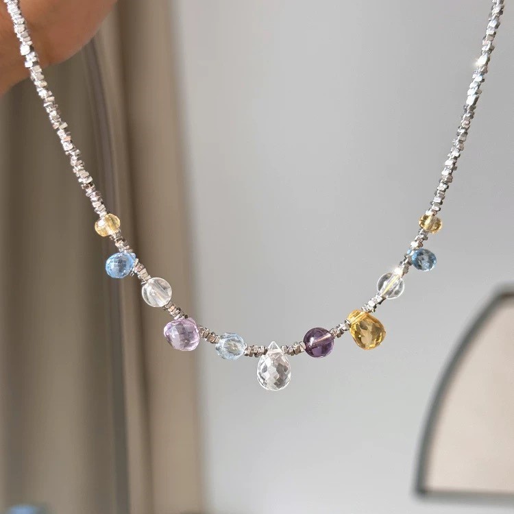 2026 spring summer new candy natural amethyst citrine topaz crushed silver niche necklace