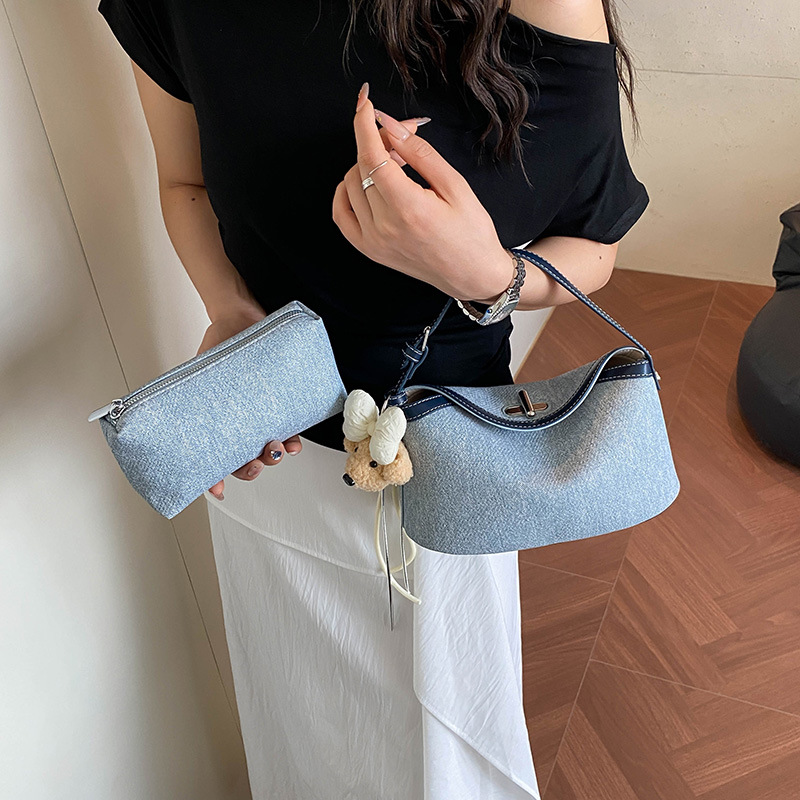 2026 New Washed Denim Curling Bag Cross Lock Underarm Crossbody Bag Two-Piece Set Handbag Cosmetic Bag