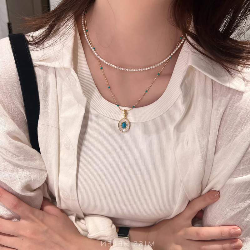 Turquoise crystal pearl necklace women stacked elegant Shi's beads commuter