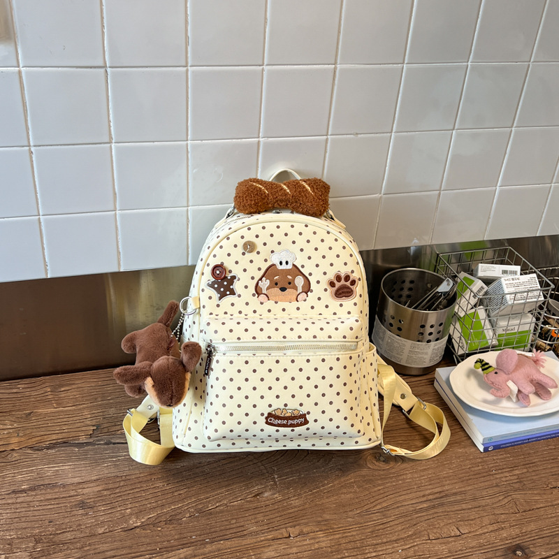 2026 New Cartoon Chef Dog Polka Dot Backpack for Women Cute Embroidery Student School Bag Large Capacity Commute Backpack