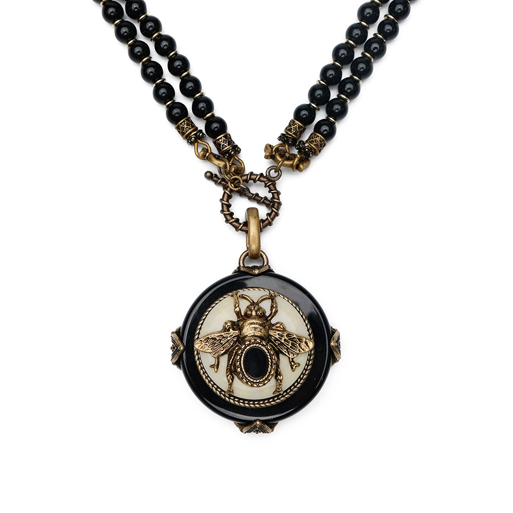 European Series Two Ways to Wear Insect Design Bee Necklace Natural Black Agate Beaded Necklace