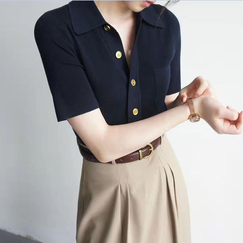 Simple Polo Collar Solid Color Shirt for Women 2025 Summer New Button Short-Sleeve Top