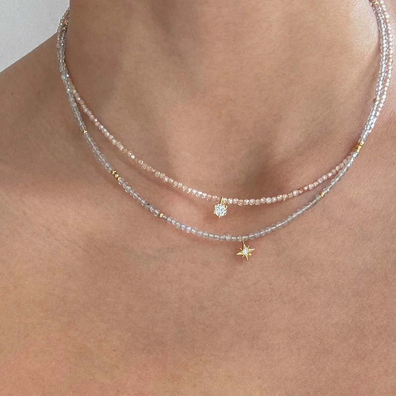 Champagne zirconia moissanite bead necklace women's summer niche star early spring accessories collarbone chain