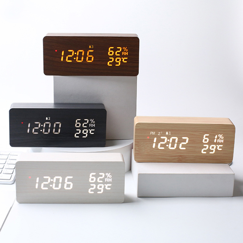 Japanese Intelligent Radio Wave Clock LED Wooden Radio Wave Clock German Radio Wave Alarm Clock Electronic Digital Clock Temperature and Humidity Clock