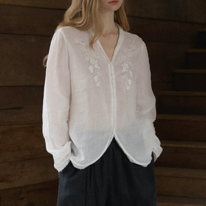 2026SS 100% Ramie Embroidered V-Neck Sheer Lace Trim Blouse