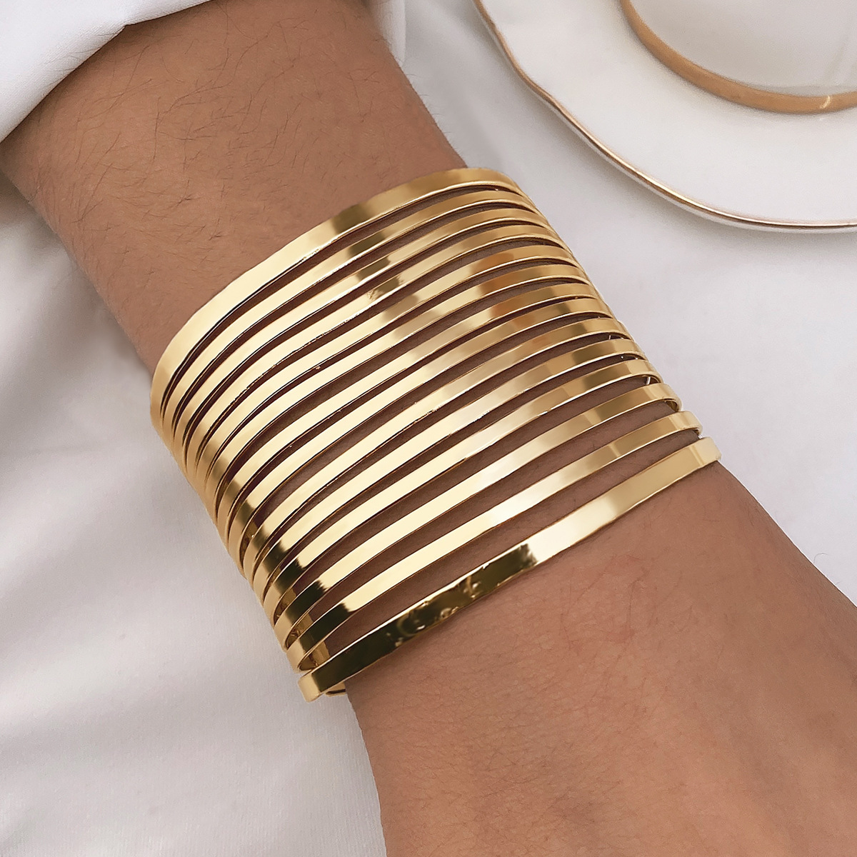 Trendy Exaggerated Large Area Smooth Bangle Bohemian Style Multi-Layer Alloy Bangle Women's Hand Jewelry