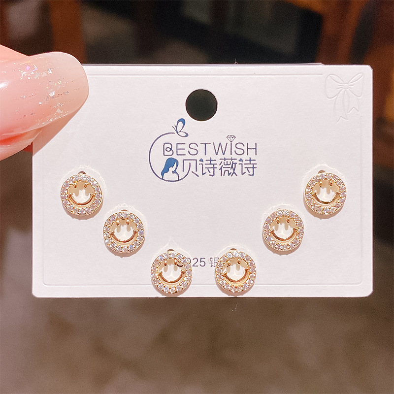 26th batch #1 copper gold-plated solid quality zircon three pairs of earrings, silver needle one card six-piece set
