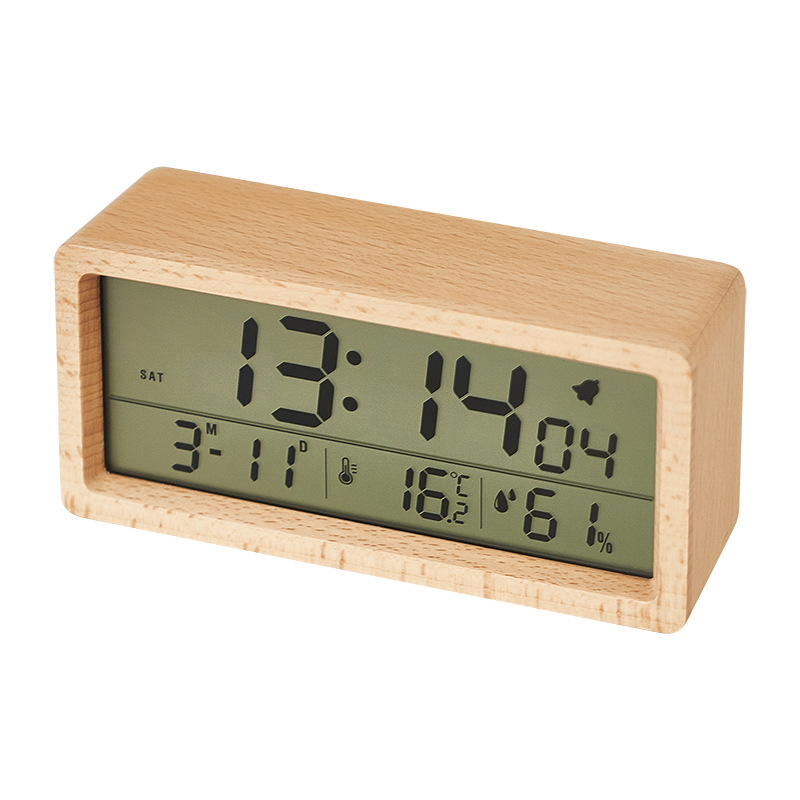 New Solid Wood Clock Simple Temperature and Humidity 1906 Clock Night Light Bedside Clock Large Screen LCD Wooden Alarm Clock
