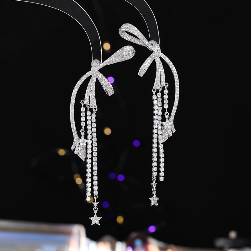 Diamond-Inlaid Bow Tassel Earrings for Women Long Earrings Exaggerated Heavy Craft Earrings