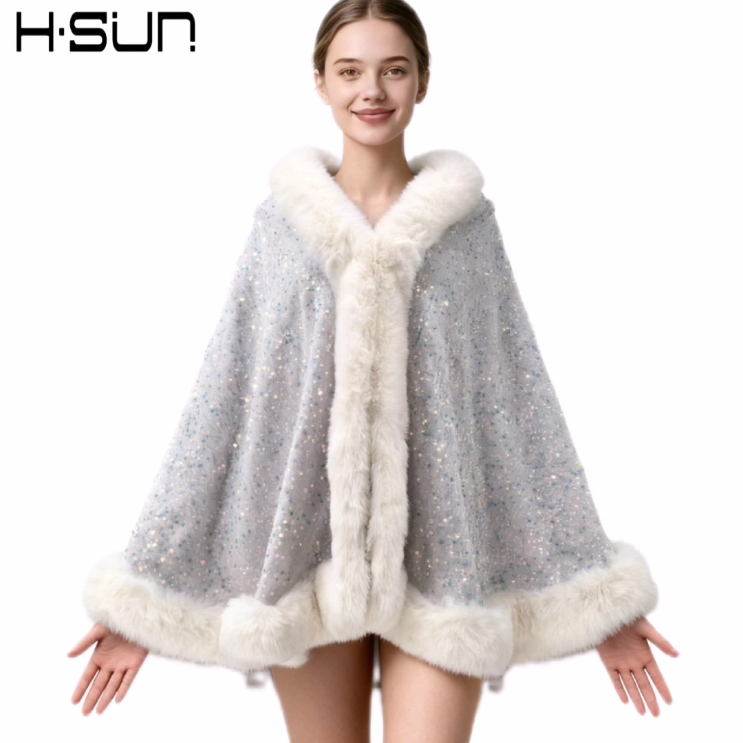 2026 Autumn and Winter Cape Outerwear Small Vest Street Style Cape Solid Color Sequins Fur Collar Poncho