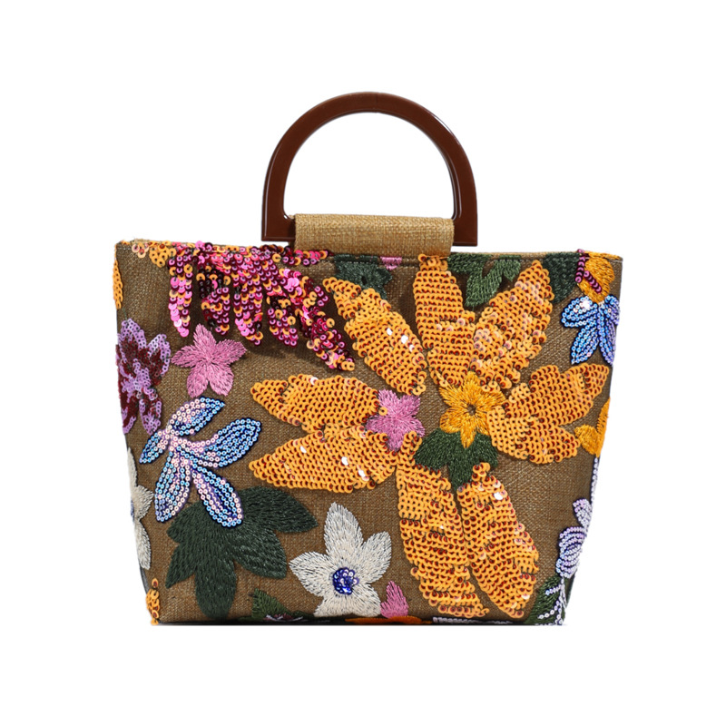 Linen Bamboo Knot Handle Bag 2025 New Chinese Style Women's Flower Large Capacity Handbag