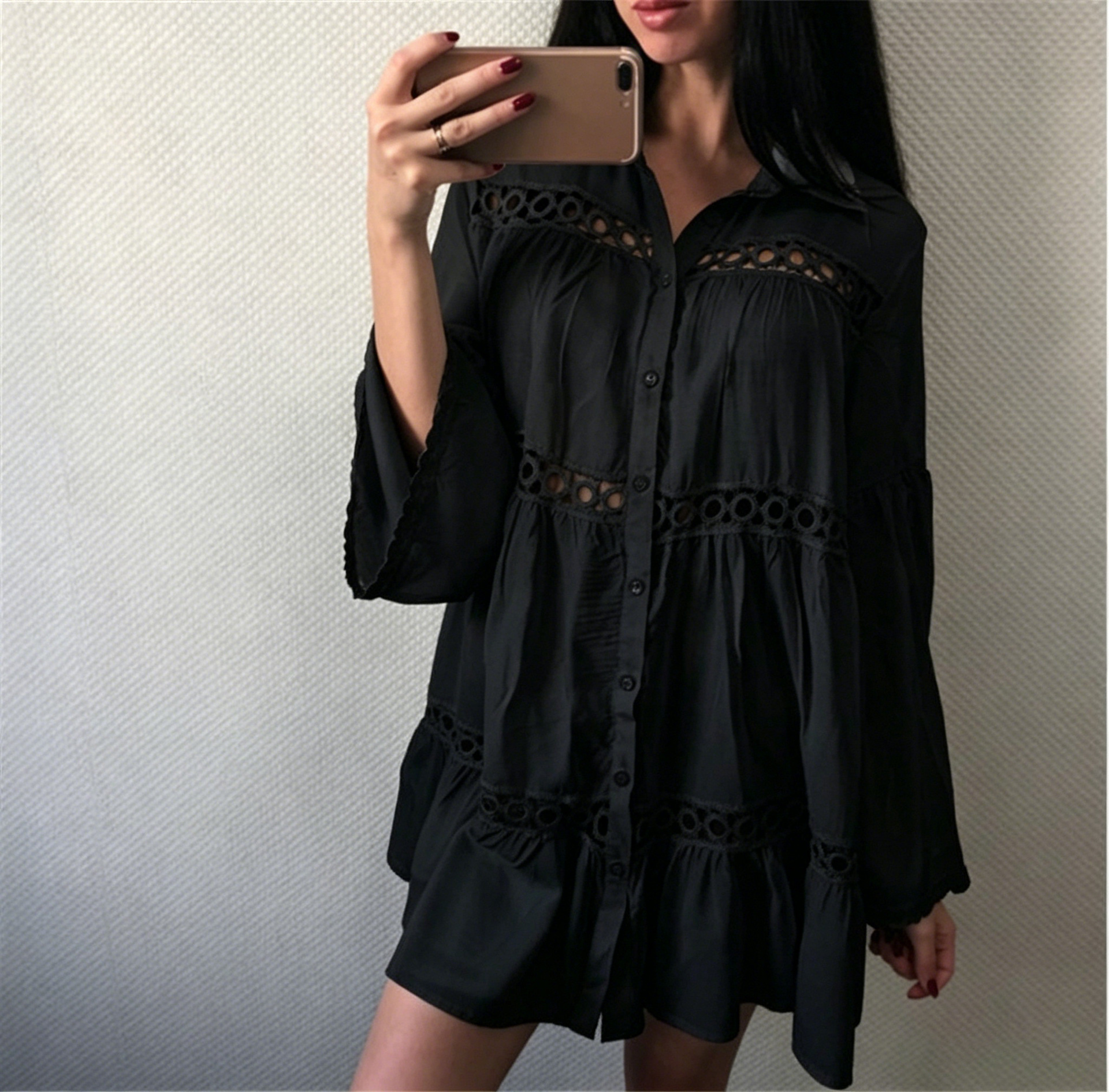 Rayon Lace Shirt Style Flare Sleeve Sun Protection Vacation Beach Cover Up Swimsuit Jacket Women Cardigan Bikini Outer